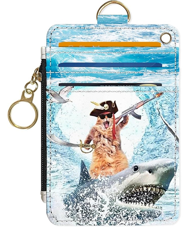 Slim Wallet Credit Card Holder, Sharks and Cats, RFID Wallet Women Cute Small Front Pocket Wallet With Zipper, PU Leather Thin travel RFID Blocking Card Case ID Window,Ladies Gifts