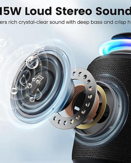 Bluetooth Speaker Wireless,IP67 Waterproof & Dustproof Portable Speaker with Lights,15W Loud Stereo Sound, 2500mAh Battery All Day Playtime, TWS Pairing, BT5.3, Home/Party/Outdoor/Beach (Black)