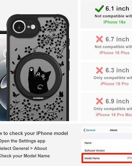 Cute Case for iPhone 16e Case with Stand [ Compatible with MagSafe ] Kawaii Black Cat & Floral & Butterflies Pattern Design 360 Magnetic Ring Kickstand Phone Cover for Women Girls Boys