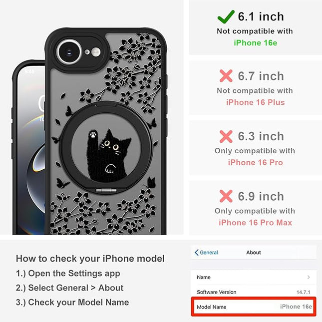 Cute Case for iPhone 16e Case with Stand [ Compatible with MagSafe ] Kawaii Black Cat & Floral & Butterflies Pattern Design 360 Magnetic Ring Kickstand Phone Cover for Women Girls Boys
