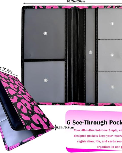Car Registration and Insurance Holder with Magnetic Closure, Universal Document Organizer for License, Insurance Cards & Glove Box Storage (Leopard-Glitter Hot Pink)