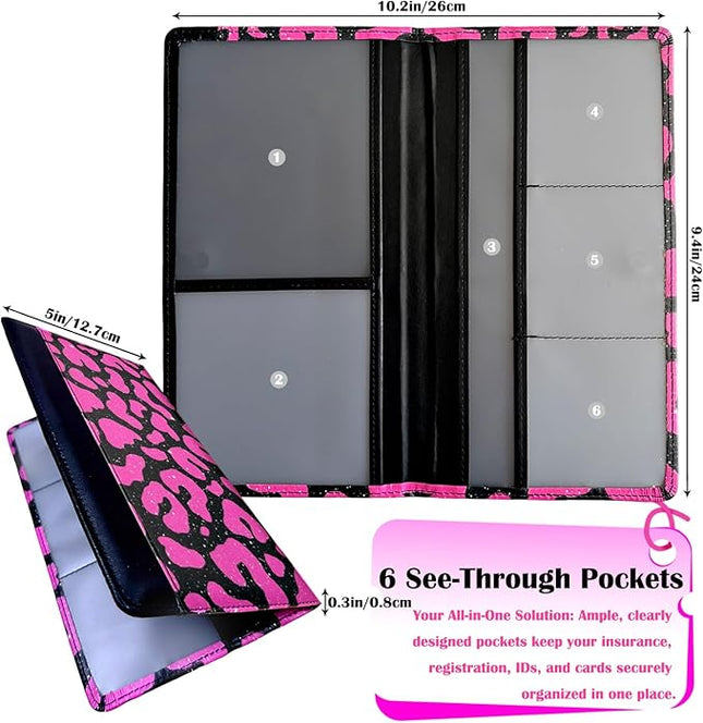Car Registration and Insurance Holder with Magnetic Closure, Universal Document Organizer for License, Insurance Cards & Glove Box Storage (Leopard-Glitter Hot Pink)