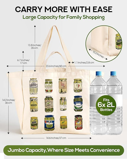 Large Canvas Grocery Tote Bag - Reusable Extra Large Shopping Shoulder Bags with 6 Inner Pockets & 2 Handle Strap