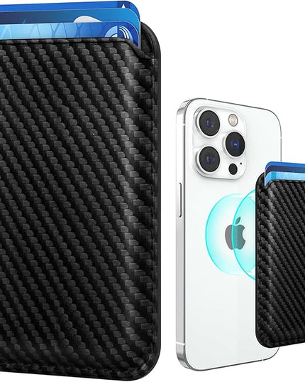 Magnetic Cell Phone Card Holder for Phone Case with Mag Safe, Stronger Magnetic RFID Leather Phone Wallet Stick on Series of iPhone 17/16/15/14/13/12 and Pro/Promax, Carbon Fiber Black