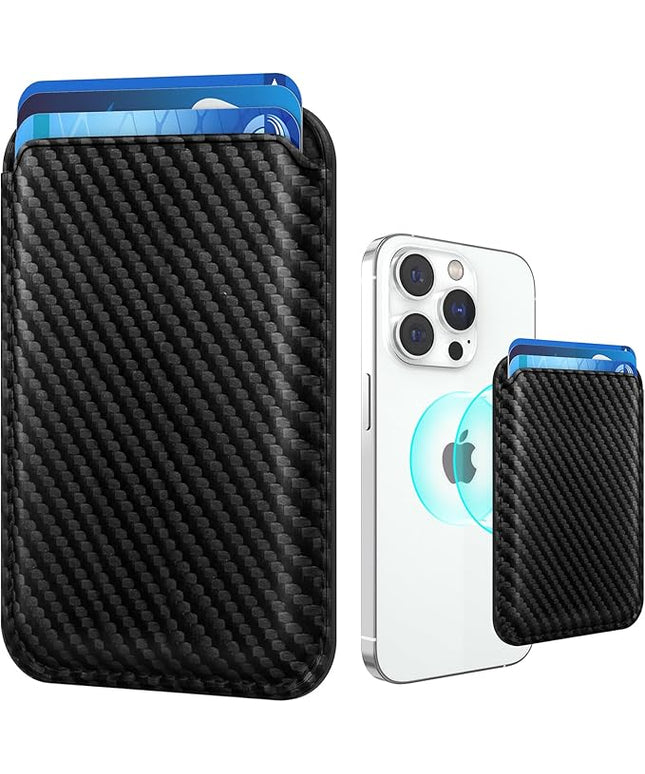 Magnetic Cell Phone Card Holder for Phone Case with Mag Safe, Stronger Magnetic RFID Leather Phone Wallet Stick on Series of iPhone 17/16/15/14/13/12 and Pro/Promax, Carbon Fiber Black