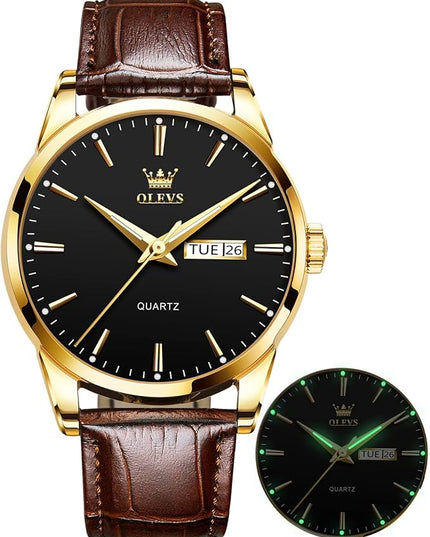 OLEVS Watches for Men Brown Leather Gold Case Analog Quartz Fashion Business Dress Watch Day Date Luminous Waterproof Casual Male Wrist Watches