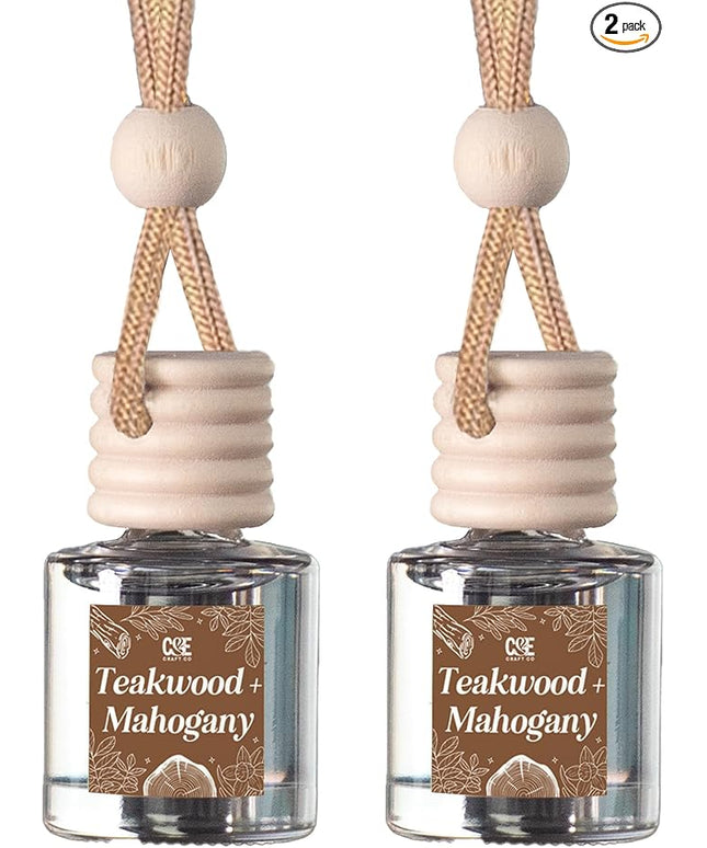 C&E Craft Co Hanging Car Air Freshener Diffuser 2 Pack, Long Lasting Fragrance Oil Car Freshener, Glass Bottle Auto Air Freshener, Made in USA (Teakwood + Mahogany)