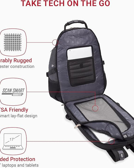 SwissGear 1900 ScanSmart 17” Laptop Backpack Grey/Black – Reflective Tech Backpack with ScanSmart Compartment – Multiple Organizer Pockets & RFID Scan Blocking Technology