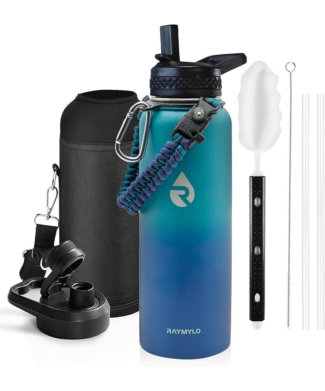 Insulated Water Bottle 40 oz, Triple Wall Vacuum Stainless Steel (Cold for 48 Hrs), Leak Proof & Non-BPA, Modern Water Flask Jug with Paracord Handle & Straw Spout Lids, Cyan Blue