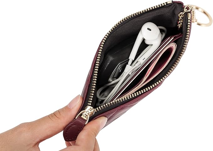 DORIS&JACKY Soft Lambskin Leather Coin Purse Small Quilted RFID Blocking Top Zipper Wallet With Key Chain