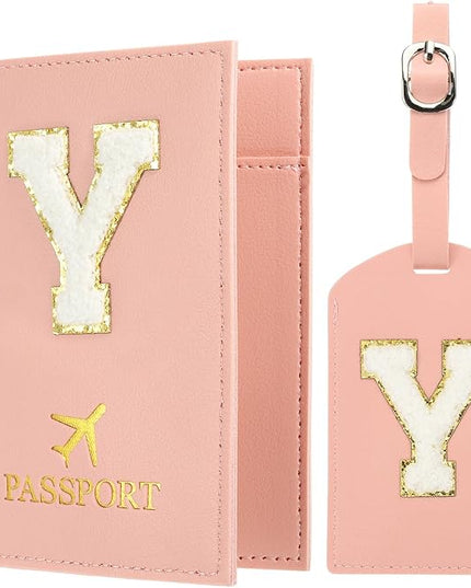 PATIKIL Passport Holder for Travel, Initial Passport Cover and Luggage Tag Set with Alphabet Chenille Letter Patch Travel Wallet Bag Suitcase Identifier for Women Family Travel Pink Y