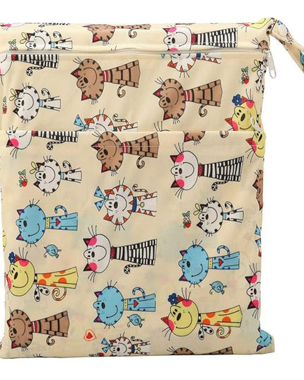 Medium Wet Dry Bag Baby Cloth Diaper Nappy Insert Bag Reusable Washable With Two Zippered Pockets (Cats)