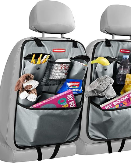 Rubbermaid Backseat Car Organizer, Kick Mats and Seat Back Protector, Car Organizer for Kids with 6 Storage Pockets, Travel Essentials for SUV, Truck, Car - 2 packs Gray