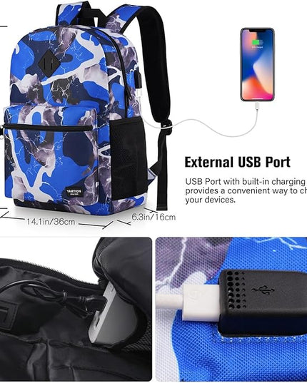 YAMTION School Backpack Stone Textured,Classic Bookbag Men and Teen Boy Schoolbag with USB Charging Port for High School College Office Work Travel