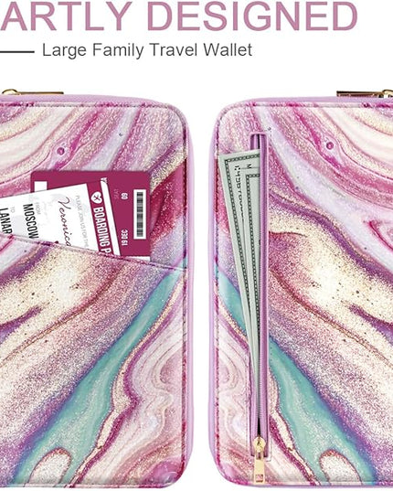 Family Passport Holder Wallet RFID Blocking Document Organizer PU Leather Mulit-purpose Travel Wallet Credit Cards Case for Women Men,Purple Marble