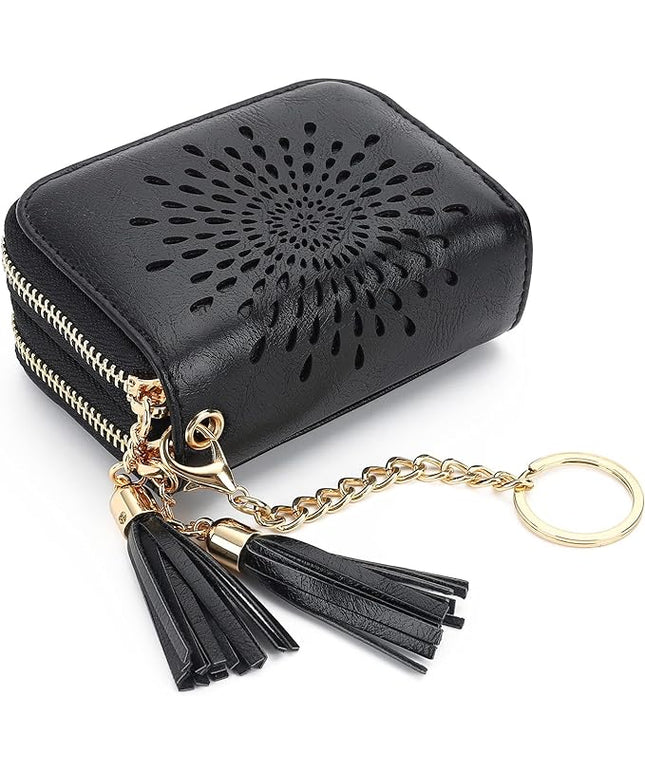 APHISON RFID Credit Card Holder Zipper Card Case Keychain Small Wallet for Women 1942-2 BLACK