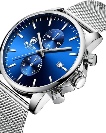 GOLDEN HOUR Mens Watch Fashion Sleek Minimalist Quartz Analog Mesh Stainless Steel Waterproof Chronograph Watches for Men with Auto Date
