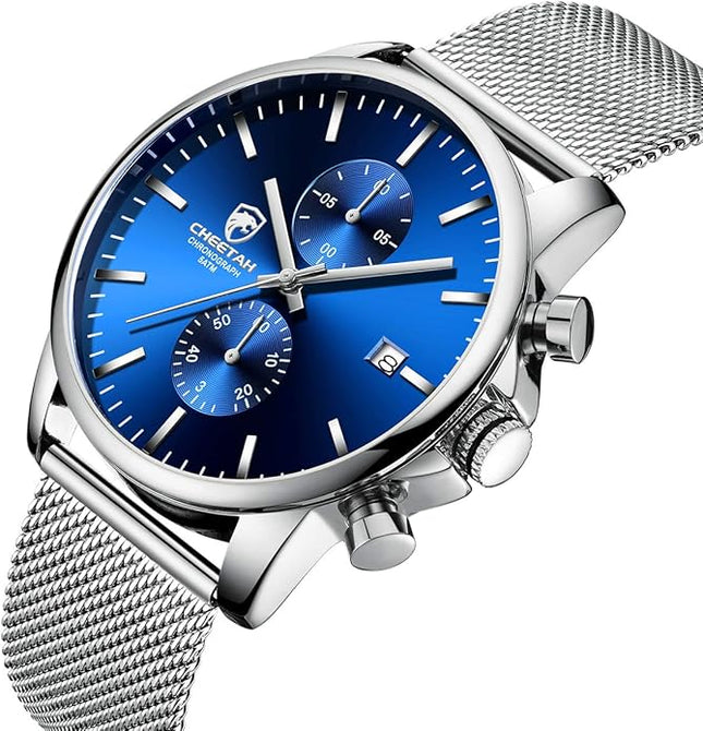 GOLDEN HOUR Mens Watch Fashion Sleek Minimalist Quartz Analog Mesh Stainless Steel Waterproof Chronograph Watches for Men with Auto Date