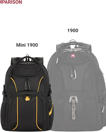SwissGear 1900 Mini ScanSmart 13” Laptop Backpack Black with Yellow Accents – Reflective Tech Backpack with ScanSmart Compartment – Multiple Organizer Pockets & RFID Scan Blocking Technology
