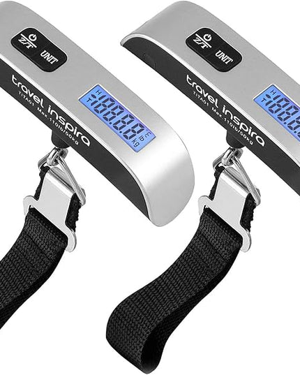 travel inspira Luggage Scale, Portable Digital Hanging Baggage Scale for Travel, Suitcase Weight Scale with Rubber Paint, 110 Pounds, Battery Included, Sliver, 2 Pcs