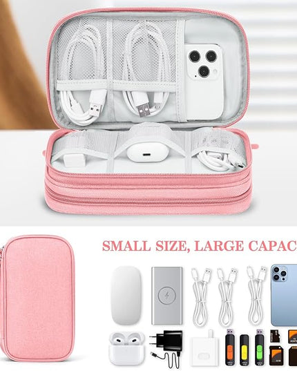FYY Electronic Organizer, Electronic Accessories Carry Case Portable Waterproof Pouch Double Layers Storage Bag for Travel Cable, Cord, Charger, Phone, Earphone, Medium Size, Pink