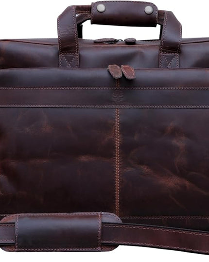 Handmade Full-Grain Leather Briefcase for Men & Women–17" Laptop Bag with Computer Compartment Office Satchel Bag