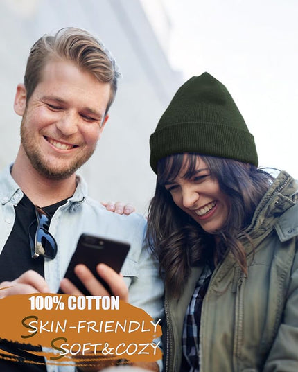 100% Cotton Beanie Hat- Unisex Ultra Soft Winter Warm Stretch Knit Cuffed Hats Fisherman Beanies Skull Cap