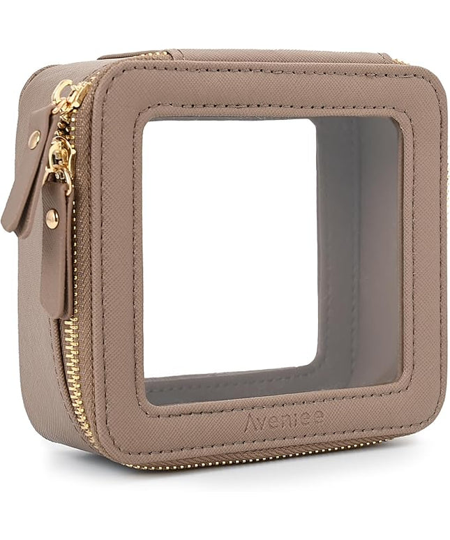Aveniee Mini Clear Makeup Bag, Small Travel Toiletry Bag Cosmetic Bags TSA Approved, Clear Makeup Case Pouch with Zipper, Car Organizer Essentials for Women Men,Taupe