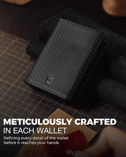 Jenoss Smart Wallet For Men: Full Grain Leather, Handcrafted, Slide Metal Pop Up Case, Slim RFID Blocking Credit Card Holder, Minimalist, Compact - 9-12 Card Organizers | ID | Money Clip (Carbon)