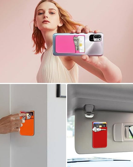 Senose 5 Pack Cell Phone Wallet, Silicone Phone Card Holder, Credit Card Holder Adhesive Stick On for Back of Cellphone Case, Compatible for iPhone and Android -Red+Orange+Pink+Rosered+Light Green