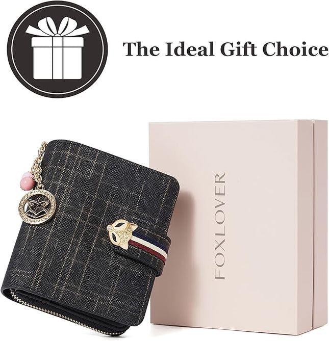 FOXLOVER Genuine Leather Zip Small Wallet Women RFID Blocking Credit Card Bifold Wallet Business Card Holder with ID Window(Black)