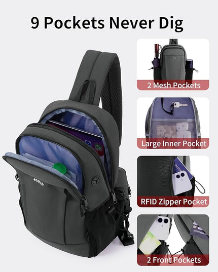 ECOHUB Anti-Theft Crossbody Bag Men Women, RFID Blocking Lightweight Sling Backpack Eco-Friendly with 9 Pockets Sturdy SBS Zippers Water Resistant for Travel Work Hiking Outdoor, Grey