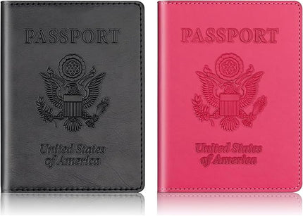 Passport Holder 2Pcs, Passport Cover Wallet Case for Women Men Family, Passports Book Holders Travel Must Haves Cruise Ship Essentials (Black & Rose Red)