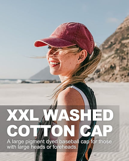 XXL Oversize Washed Denim Baseball Cap,Low Profile Jean Sports Cap for Big Heads 23.5"-25.5",Large Pigment Dyed Dad Hat