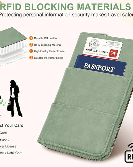 Family Passport Holder Wallet with Zipper, RFID Blocking Travel Document Organizer, PU Leather Passport Wallet for Women Men, Passport Cover Travel Wallet for Boarding Pass, ID, Money, Tickets