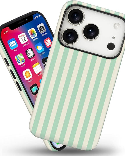 Magnetic for iPhone 17 Pro Max Case Cute Stripes Phone Case, Shockproof Slim TPU and Hard PC Protective Phone Cover Compatible with MagSafe Designed for Women Girls, Light Green