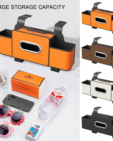 Car Back Seat Organizer with Cup Holder, Car Seat Back Tissue Box and Storage Hook, Multifunctional Car Organizer for Hold Phone,Snacks, Drinks, Handbag, Compatible with Most Vehicles (Brown)