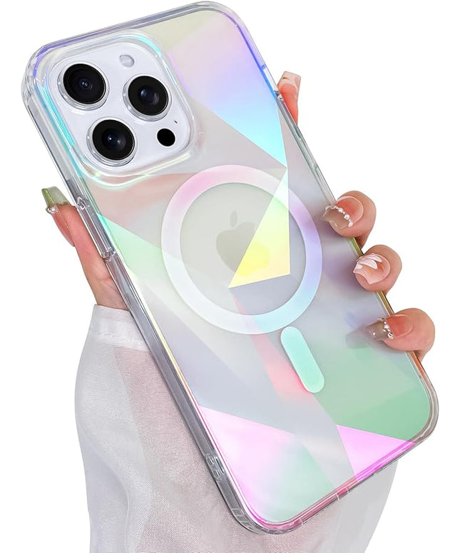Cute Case for iPhone 14 Pro Max Case for Women Girls [ Compatible with Magsafe ] Clear Glitter Girly Aesthetic Rainbow Sparkly Bling Magnetic Phone Cover, Iridescent Geometry