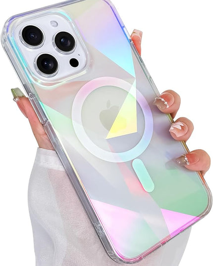 Cute Case for iPhone 15 Pro Case for Women Girls [ Compatible with Magsafe ] Clear Glitter Girly Aesthetic Rainbow Sparkly Bling Magnetic Phone Cover, Iridescent Geometry