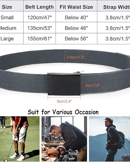 WHIPPY Canvas Web Belt Flip-Top Solid Black Military Buckle Fully Adjustable Mens Webbing Belts Cut To Fit
