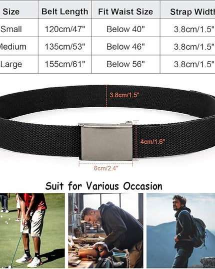 WHIPPY Canvas Web Belt Flip-Top Solid Black Military Buckle Fully Adjustable Mens Webbing Belts Cut To Fit
