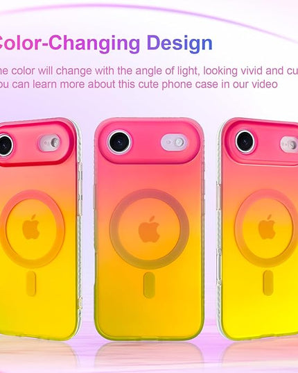Aesthetic Case for iPhone Air Case for Women Girls [Compatible with Magsafe] Cute Girly Trendy Glitter Sparkly Rainbow Magnetic Protective Phone Cover, Matte Iridescent Red & Yellow