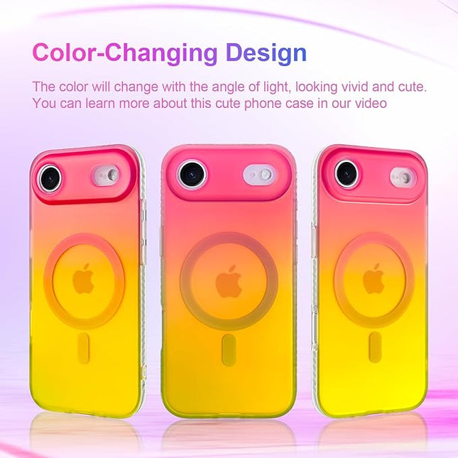 Aesthetic Case for iPhone Air Case for Women Girls [Compatible with Magsafe] Cute Girly Trendy Glitter Sparkly Rainbow Magnetic Protective Phone Cover, Matte Iridescent Red & Yellow