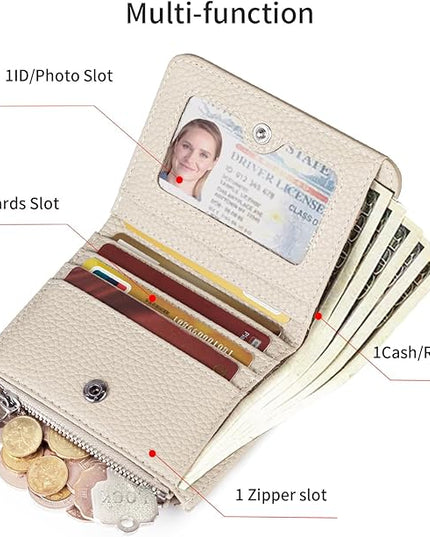 ilovever Small Wallet Women Soft Leather RFID Blocking Card Holder with Zipper Pocket,off-white