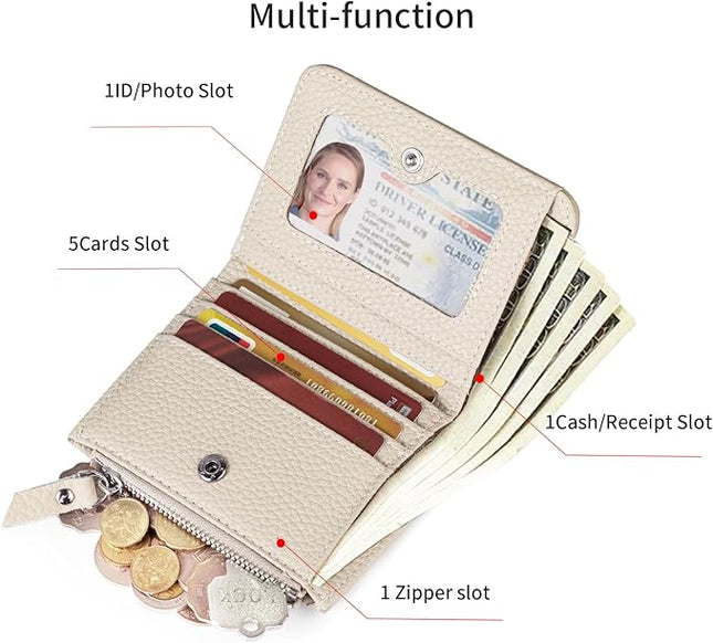 ilovever Small Wallet Women Soft Leather RFID Blocking Card Holder with Zipper Pocket,off-white