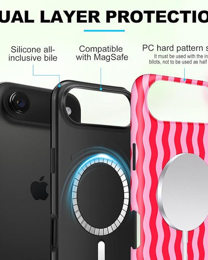Magnetic for iPhone 17 Air Case Cute Wavy Stripes Phone Case, Shockproof Slim TPU and Hard PC Protective Phone Cover Compatible with MagSafe Designed for Women Girls, Red