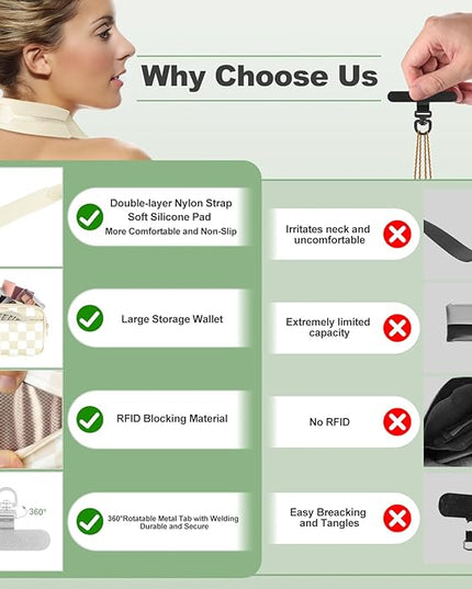 Clip and Go Strap for Phone with Wallet Crossbody, Adjustable Phone Lanyard with Detachable RFID Wristlet Wallet, Phone Strap with Phone Tabs for All Phones, Cream Checkered (M)