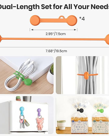 Tounee Reusable Silicone Magnetic Cable Ties - 2 Sizes Combo (4pcs 2.56'' + 20pcs 7.16'') - Multi-Purpose for Cable Bundling, Organizing, Bookmarks & Fridge Magnets - Assorted Colors, Pack of 24