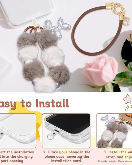 2 Pcs Phone Charm Wrist Strap with Tether Tab, Double Anti Lost Fluff Ball Beaded Wrist Lanyard, Detachable Leather Phone Charms for Bag, Key Chains, Camera Decor