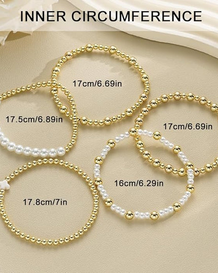Gold Beaded Bracelets for Women, 14K Real Gold Plated Jewelry for Women Dainty Pearl Bead Bracelets Stack, Non Tarnish Trendy Stackable Ball Cross Stretch Bracelet Set Fashion Accessories Gifts